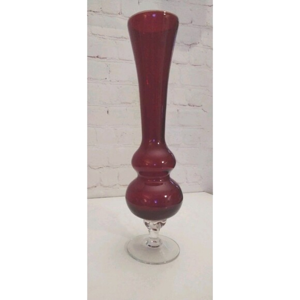 Vintage Hand Blown Ruby Red Glass Clear Footed Vase 12" Tall